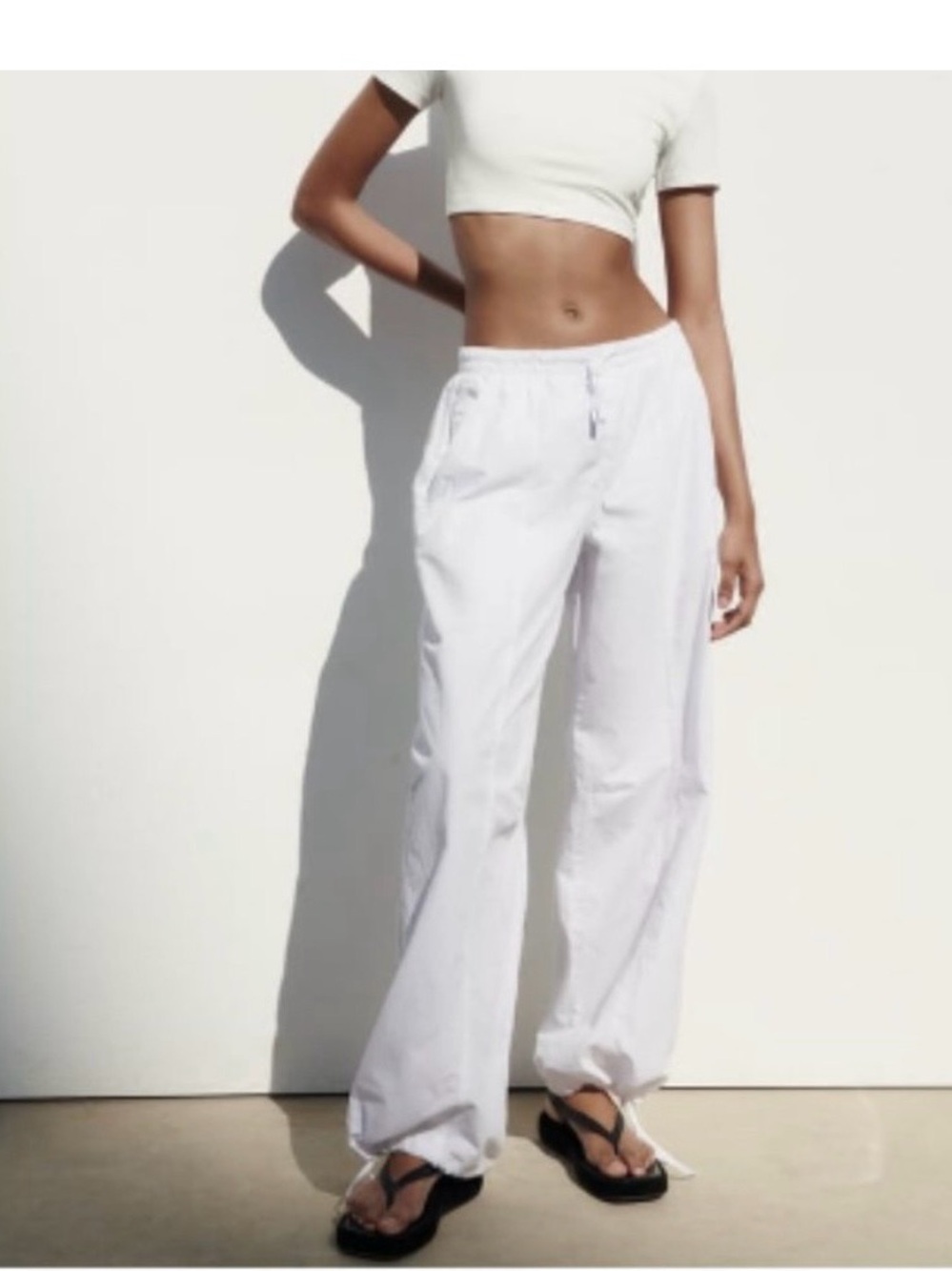 Zara White Wide-Leg Drawstring Parachute Pants